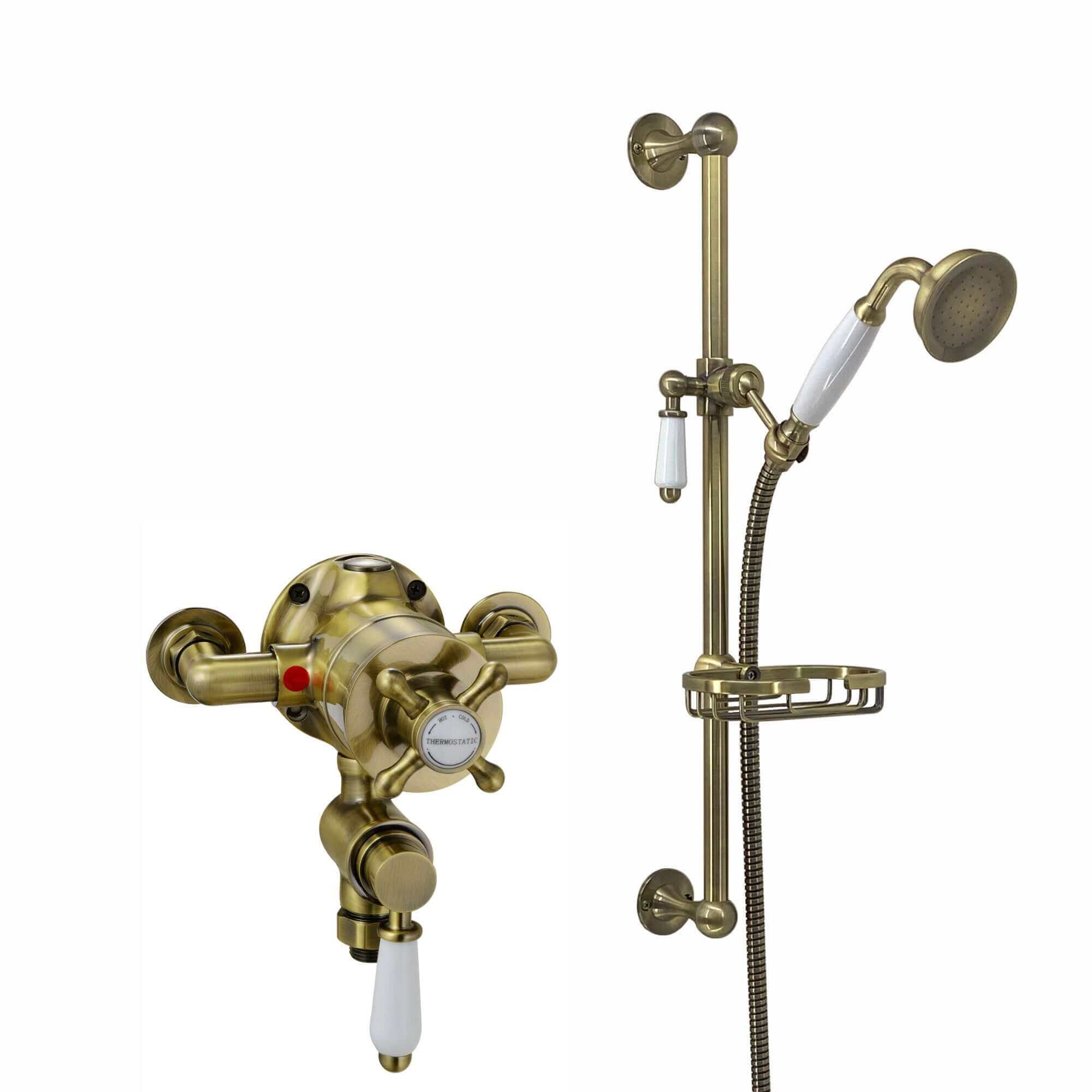 Buy Downton Exposed Traditional Thermostatic Shower Set Incl. Twin Shower Valve And Slider Rail Kit, Soap Holder - Antique Brass Online UK | HOUSE OF ENKI
